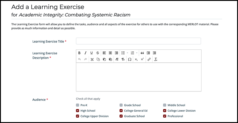 Screenshot from MERLOT showing the add a learning exercise content box