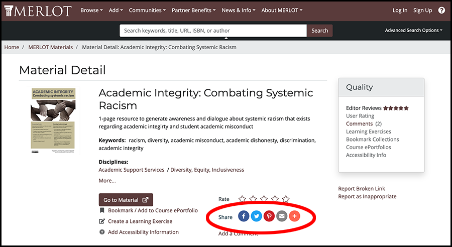 Options for social media and sharing in MERLOT